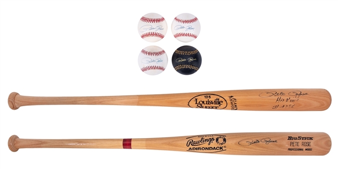 Lot of (6) Pete Rose Signed Bats and Balls Including a Signed and Inscribed Louisville Slugger Bat with "Hit King #4256" and (4) Signed Baseballs (JSA)
